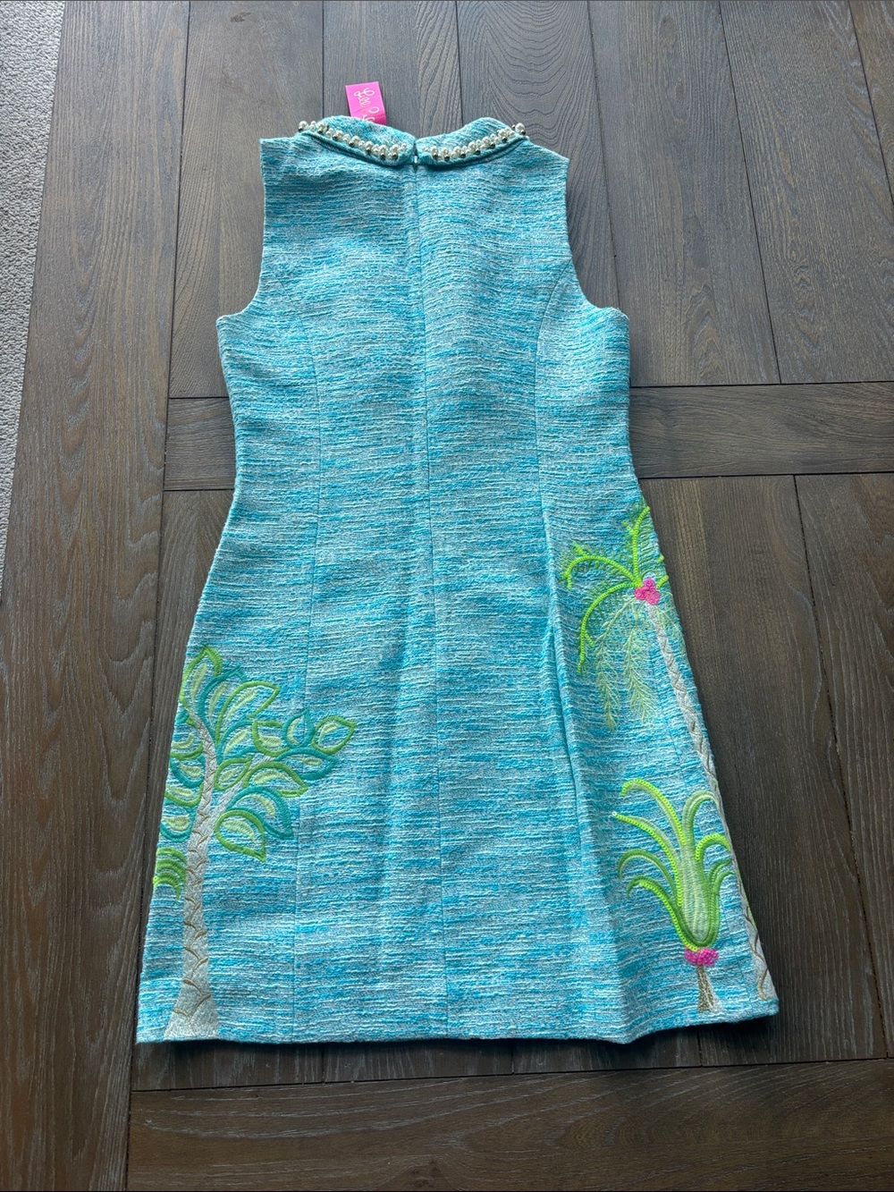 Lilly Pulitzer Aqua Blue Palm Tree Embroidered Shift Dress with Pearl Collar - Picture 2 of 4